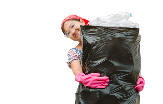 Happy woman or housewife collects plastic drinking water bottles from home to donate or recycle. Waste, zero waste, social responsibility, environmentally friendly.isolated image.