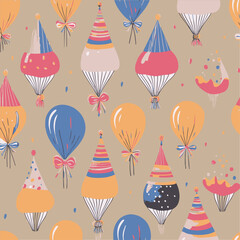 A festive pattern featuring colorful balloons, party hats, and confetti on a neutral background. Perfect for birthday celebrations and other festive occasions.