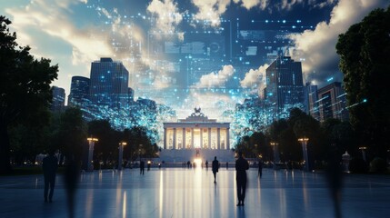 Government building with holographic projections of economic data and policy changes