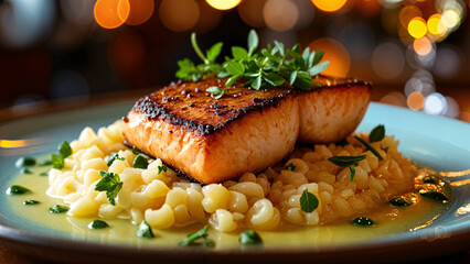 Grilled salmon steak with vegetables and potatoes, a healthy and gourmet dinner plate