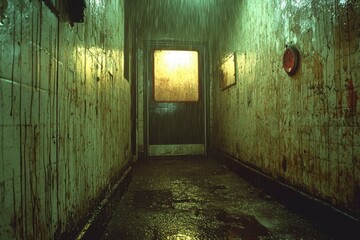 Obraz premium Bloodstained and Water-Damaged Hallway with a Door at the End