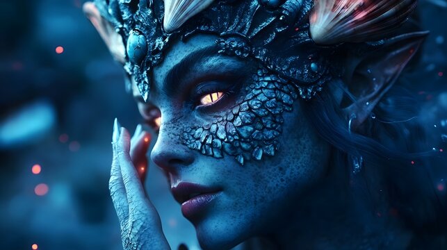 Portrait of a Sirene Demon with Seashell Crown and Serpentine Eyes