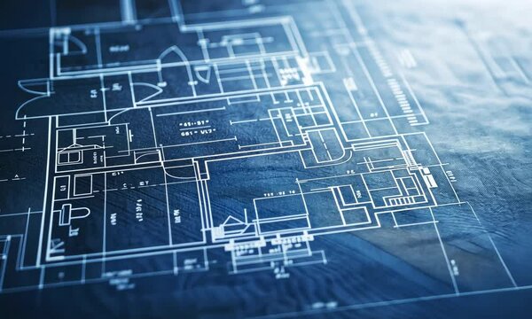Architectural blueprint of a building with detailed lines and measurements, projecting a concept of design and planning