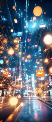Fototapeta premium Halloween Night Cityscape with Jack-O-Lanterns and Bokeh.