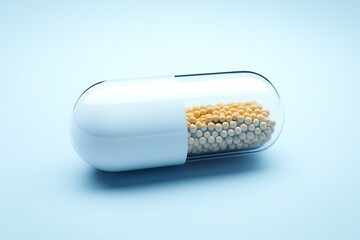 A single white capsule with yellow and white pills inside, isolated against a light blue background.