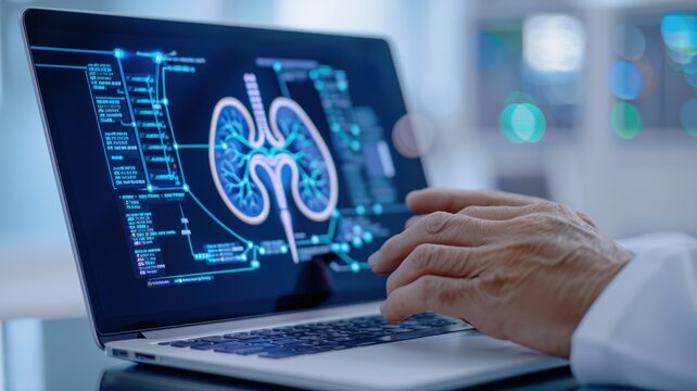 A medical professional analyzes kidney scans on a digital screen, showcasing advanced technology in healthcare diagnostics.