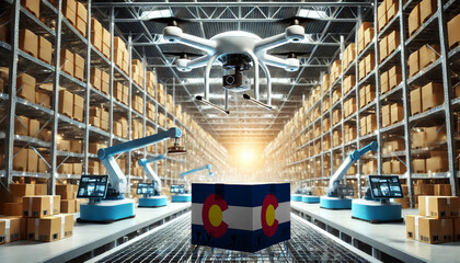 An advanced warehouse filled with drones and robots managing inventory, centered on an Colorado flag-marked package, symbolizing innovation in automated warehousing