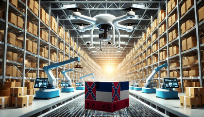 Fototapeta premium An advanced warehouse filled with drones and robots managing inventory, centered on an Mississippi flag-marked package, symbolizing innovation in automated warehousing