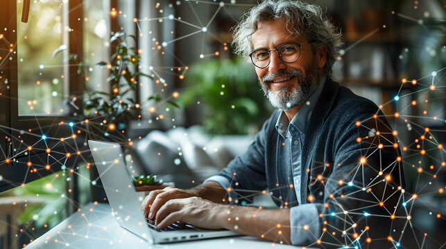 Senior man working on a laptop with a digital network overlay in a modern home office - Powered by Adobe