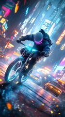 Cyberpunk Motorcyclist in Neon City Rain.
