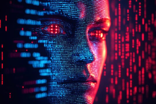 A Digital Portrait of a Woman Composed of Blue and Red Code