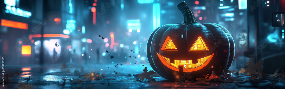 Sticker A glowing jack-o'-lantern sits in a futuristic cityscape with neon lights, symbolizing a celebration of Halloween in a modern setting. The pumpkin represents tradition, the city lights represent innov