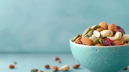 A bowl of trail mix filled with nuts, seeds, and dried fruit, highlighting a nutritious and satisfying snack.