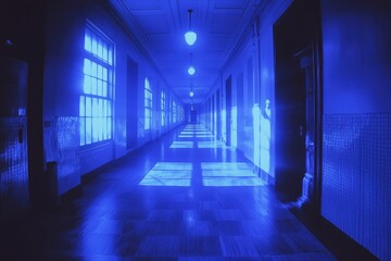 Fototapeta premium A Blue-Lit Hallway with Windows and Tile Walls
