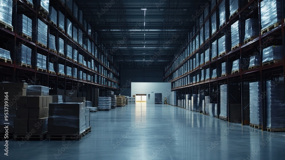 Poster empty warehouse interior with rows of pallets and boxes