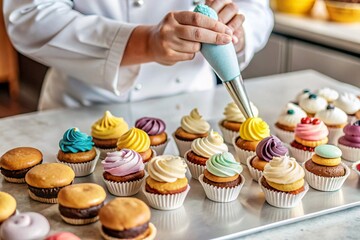 Colorful Rainbow Cupcakes: A Pastry Chef's Delight. A pastry chef's gloved hand skillfully pipes vibrant rainbow frosting onto freshly baked cupcakes, creating a delightful and colorful treat.