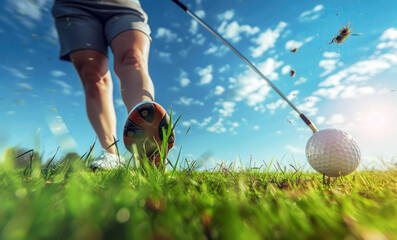 A man playing golf on a golf course in the sun on a clear day. Close-up of a golf ball. A blurry golfer.