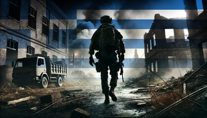 A lone soldier walking through a war-torn urban landscape with the Greece flag overlay, symbolizing the bravery and resilience of  military forces in conflict zones.