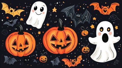 A set of whimsical Halloween stickers with pumpkins, ghosts, and bats, bright colors and expressive faces, ideal for planners and journals. Isolated on white background