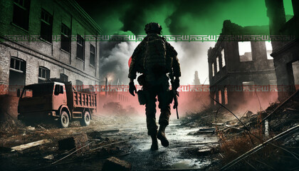 A lone soldier walking through a war-torn urban landscape with the Iran flag overlay, symbolizing the bravery and resilience of  military forces in conflict zones.