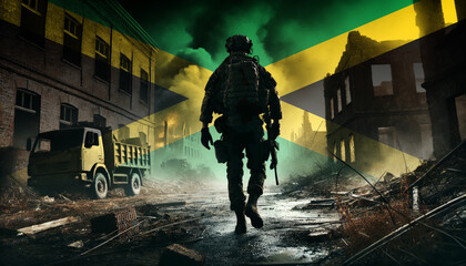 A lone soldier walking through a war-torn urban landscape with the Jamaica flag overlay, symbolizing the bravery and resilience of  military forces in conflict zones.