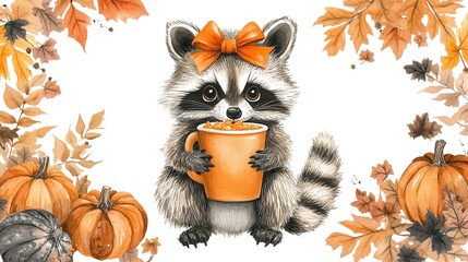 Illustration of a cute raccoon with a bow, holding a mug surrounded by autumn leaves and pumpkins. Great for fall themes.