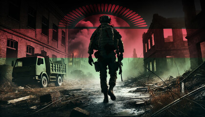 A lone soldier walking through a war-torn urban landscape with the Malawi flag overlay, symbolizing the bravery and resilience of  military forces in conflict zones.