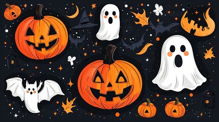 A set of whimsical Halloween stickers with pumpkins, ghosts, and bats, bright colors and expressive faces, ideal for planners and journals. Isolated on white background