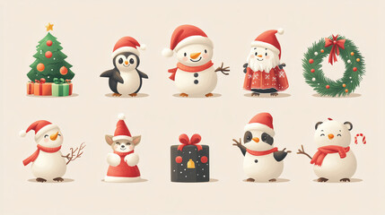 set of christmas icons with cute characters