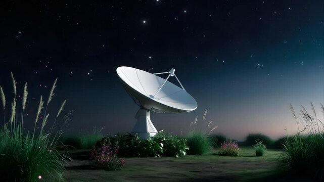 The satellite dish as a communication is under the beautiful night sky decorated with colorful flowers. Seamless 4K looping timelapse video animation background
