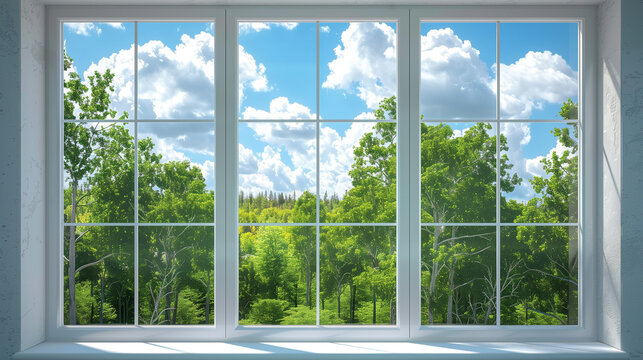 Fototapeta window with a summer forest view, sunny day, fresh air from the park trees