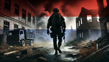 Fototapeta premium A lone soldier walking through a war-torn urban landscape with the Paraguay flag overlay, symbolizing the bravery and resilience of military forces in conflict zones.