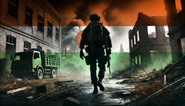 A lone soldier walking through a war-torn urban landscape with the Niger flag overlay, symbolizing the bravery and resilience of  military forces in conflict zones.