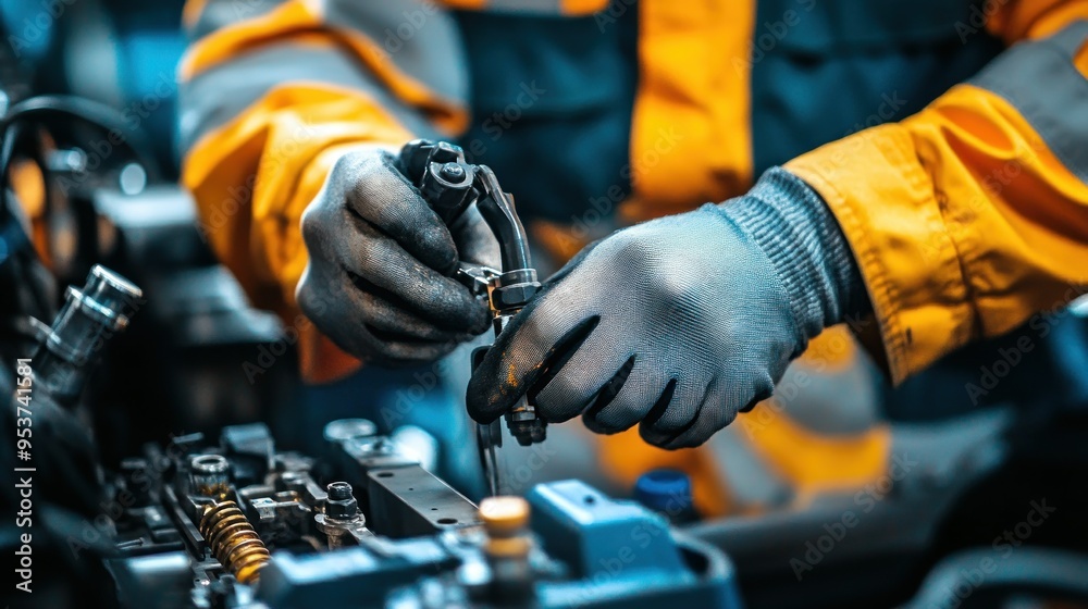 Aufkleber close up a man operating a large industrial machine in a factory