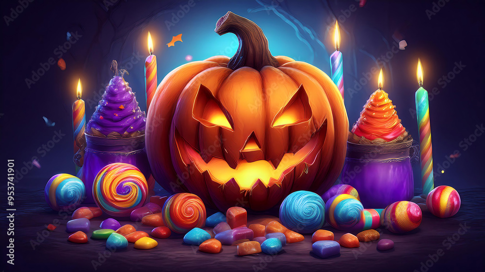 Fototapete An easy-to-understand name for the image could be Glowing Halloween Pumpkin in a Dark Setting with Smaller Pumpkins