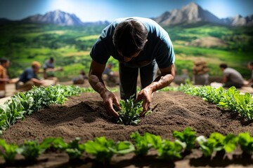 American Indian Nature, Seasons, and Harvest shown in a springtime scene where people plant crops as part of a seasonal ritual
