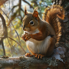 Obraz premium A squirrel holding a nut, sitting on a tree branch