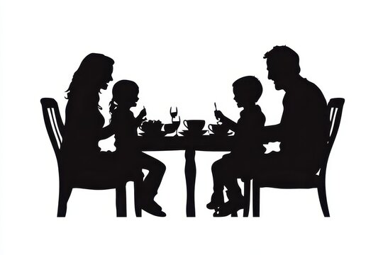 Silhouette of a family enjoying a meal together at a table.
