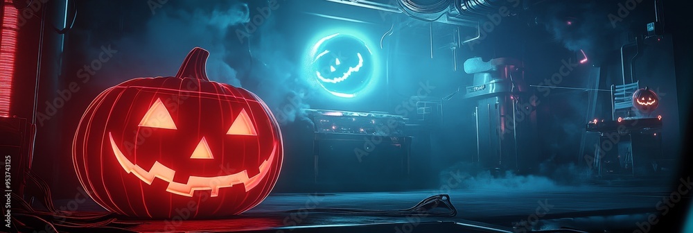 Sticker A glowing red pumpkin with a carved smile sits in a futuristic Halloween scene.  Vibrant neon lights create a spooky and otherworldly atmosphere. The scene is both celebratory and eerie.