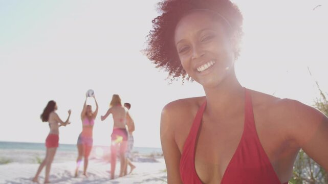 Close Up African American Teenager Friends Beach Background