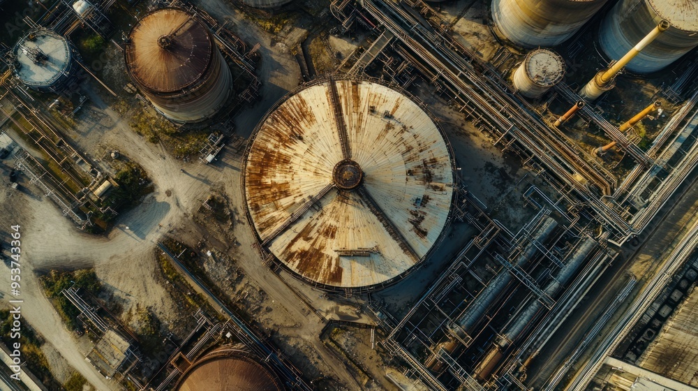 Poster aerial view of industrial complex with large storage tanks