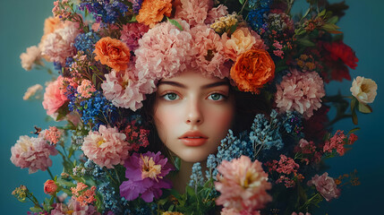 A young woman with blue eyes is framed by a colorful floral crown and bouquet.