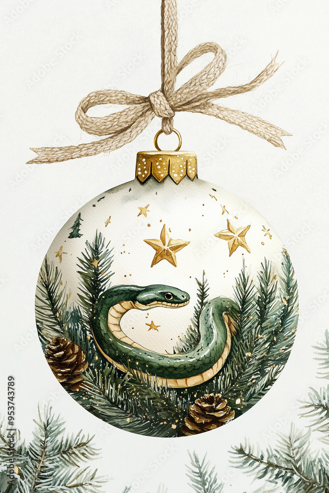 Wall mural christmas ball with wood snake on white background