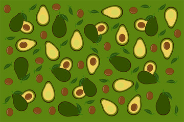 seamless pattern with set of avocado on green background