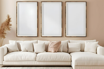 Minimalist interior with three vertical picture frames above white sofa