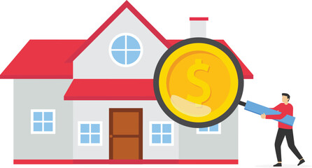 Business people with dollar money inside magnifier glass. Buy real estate and pay credit to bank app. Modern vector illustration in flat style

