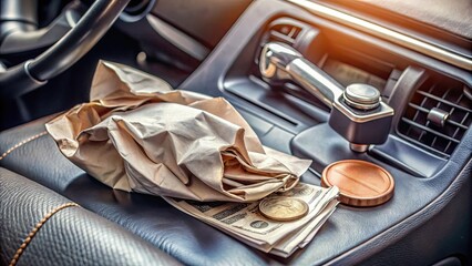 A crumpled paper receipt with a fuel pump icon and numerical totals lies on a cluttered car console, surrounded by coins and a worn leather wallet.