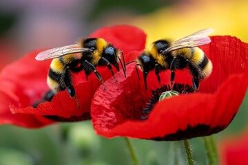 Bumblebees, in a field of poppies, red blooms bring a contrast of color and movement to the landscape