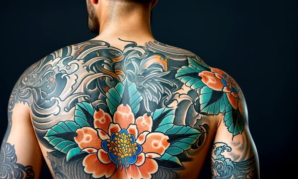 Back view of a person with an intricate, full-back tattoo featuring traditional Japanese motifs