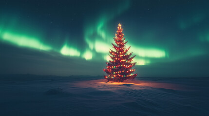 christmas tree in the northern lights background